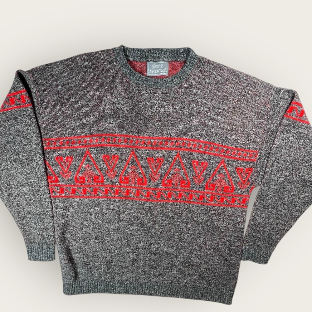 Vtg Le Tigre Knit‎ Grandpa Sweater Men XL Pullover Red Gray Abstract Retro USA